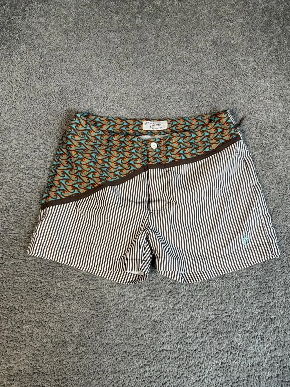 Penguin Munsingwear Swim Shorts Mens 36 Brown Striped Lined Built-In Brief